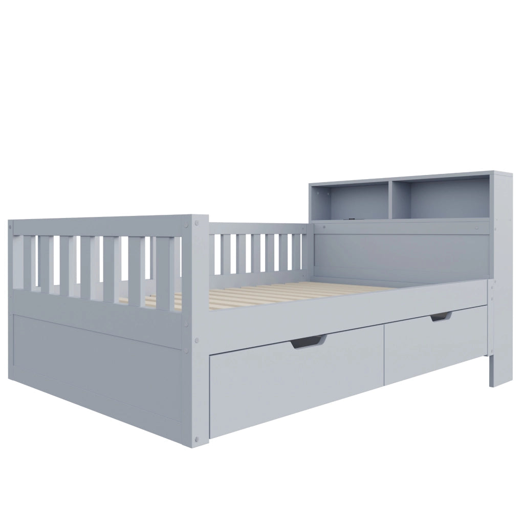 Letto singolo 90 × 200 cm con cassetti, ripiani, illuminazione led, prese usb e type-c, senza materasso, grigio