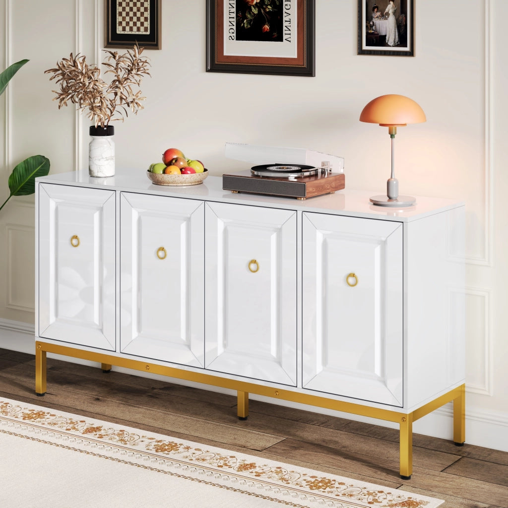 Credenza con 4 Ante e Ripiani Regolabili; Finitura Lucida; in MDF e Pannello Truciolare; Bianco; 140??40??80 cm