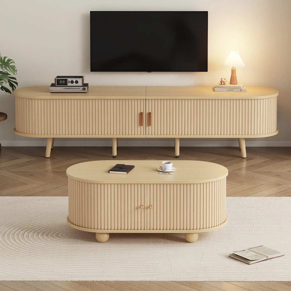 Mobile TV con Vano Contenitore e Tavolino da Caff¨¨ Ovale ¨C MINIMAL ¨C Legno Naturale MDF