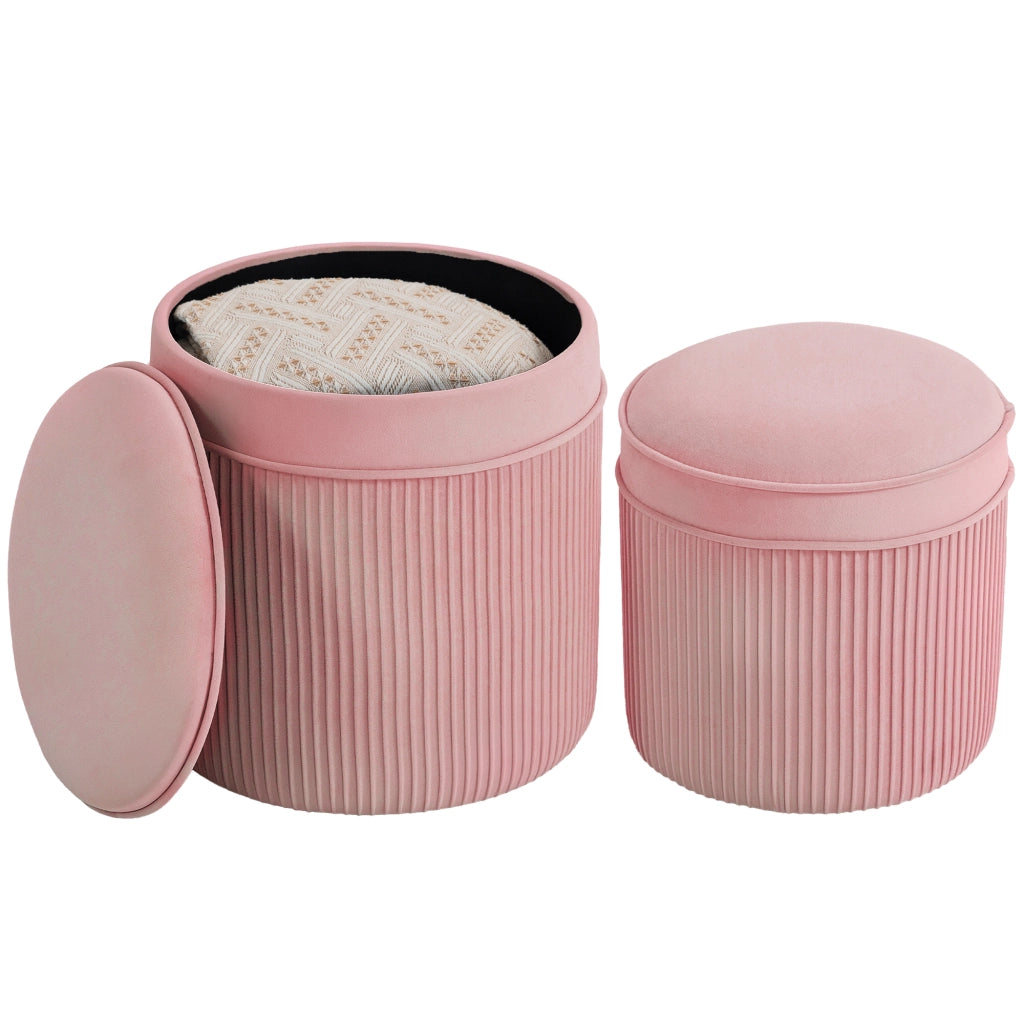 Set 2 Pouf Poggiapiedi Rotondi Impilabili e Imbottiti con Rivestimento in Velluto, Contenitore da 34.8L, Rosa
