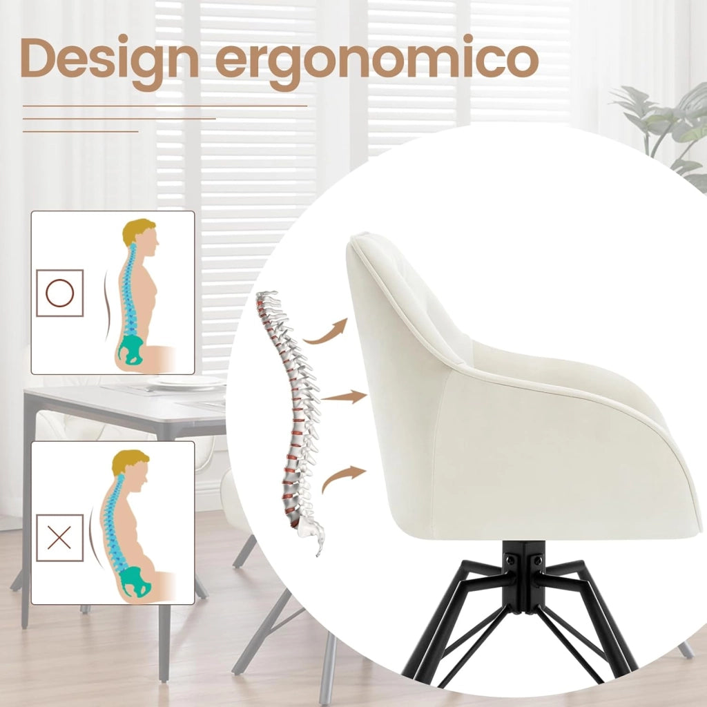 Set di 6 Sedie per Sala da Pranzo Girevoli a 360°, Sedie da Cucina Imbottite con Gambe in Metallo, Poltroncine in Velluto per Camera da Letto, Soggiorno, Ufficio, Crema EZS60cm-6
