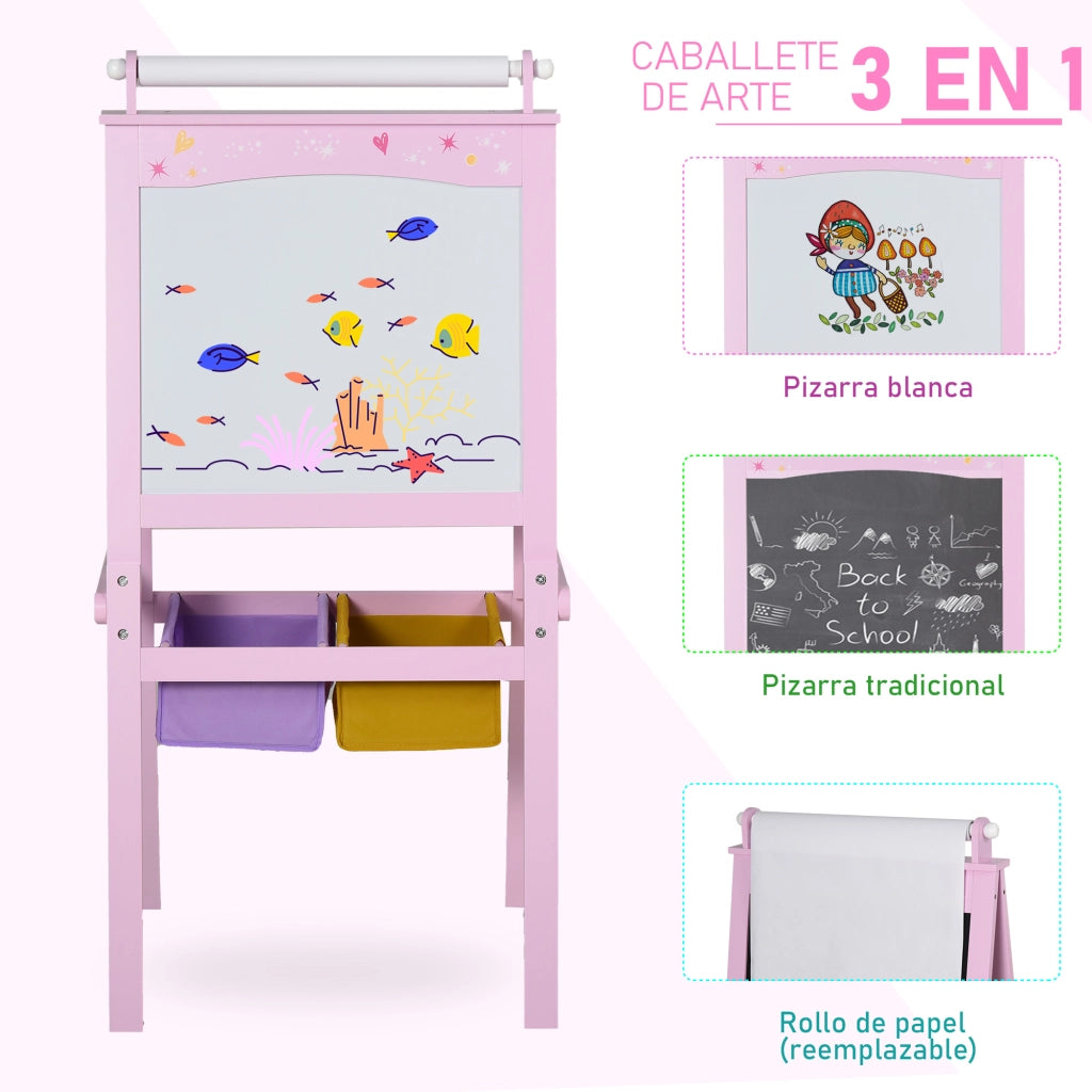 Cavalletto per Bambini con Rotolo di Carta e 2 Cestini ¨C Minimal ¨C Rosa 58.5x50.5x118 cm