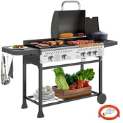 Barbecue a Gas con Piastra e Fornello Coperchio con Termometro Regolatore e Tubo Inclusi Nero