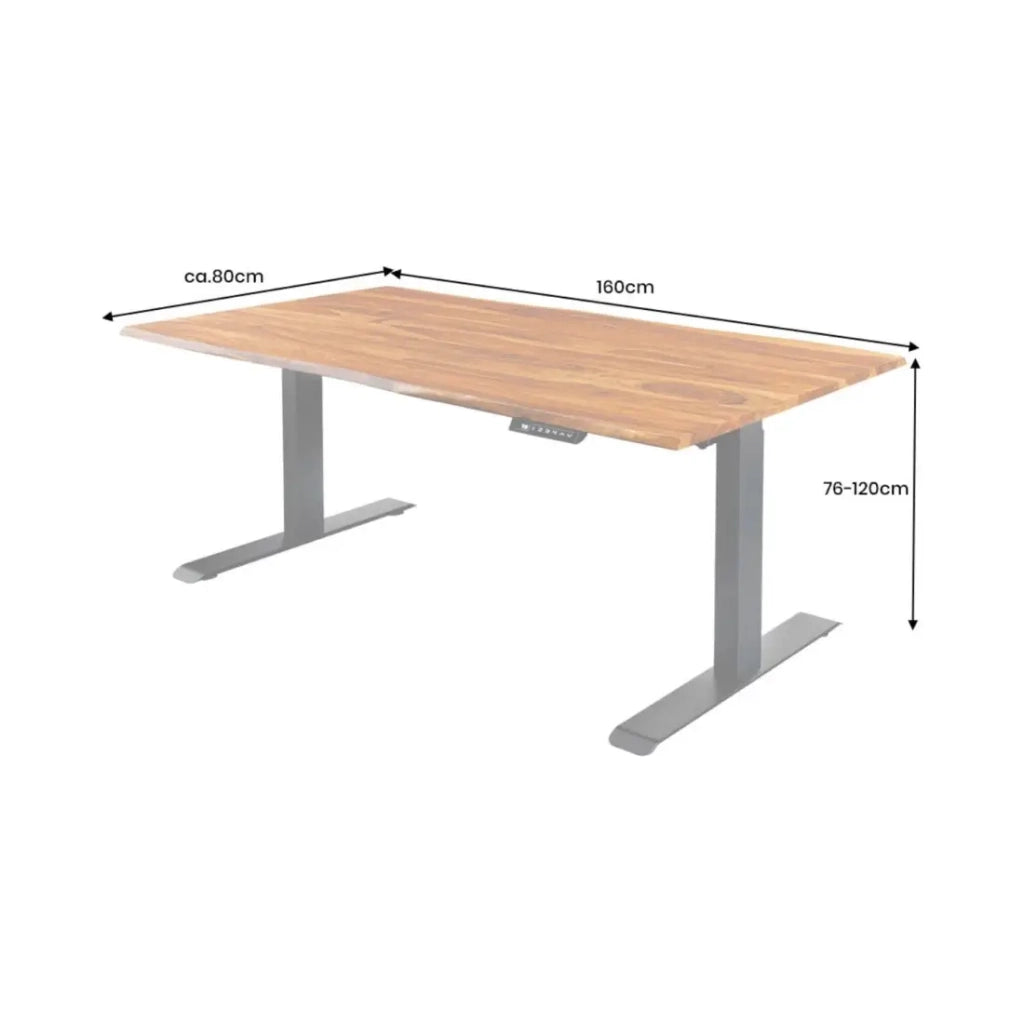Scrivania elettrica di alta gamma ARKAYA 160 cm in Sheesham massiccio con bordo naturale smussato – Altezza regolabile