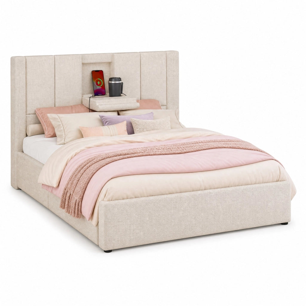 Letto imbottito 90x200 cm con porta bicchieri e stazione di ricarica, contenitore idraulico, beige, senza materasso