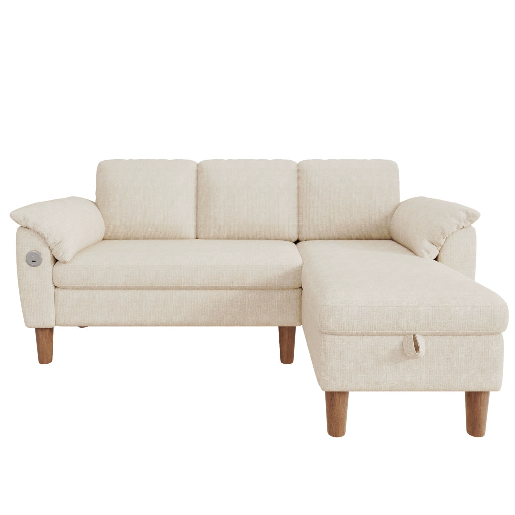 Divano angolare a L modulare con chaise longue reversibile, porta USB e Type-C, tasche laterali in chenille beige