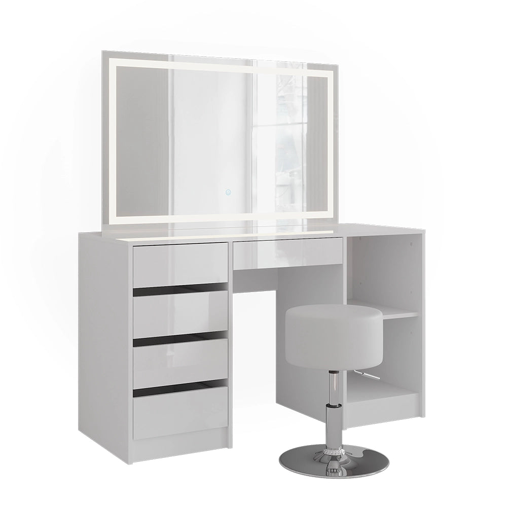 Vicco Tavolo da toeletta Bianco/bianco lucido 128.2 cm con specchio LED e sgabello