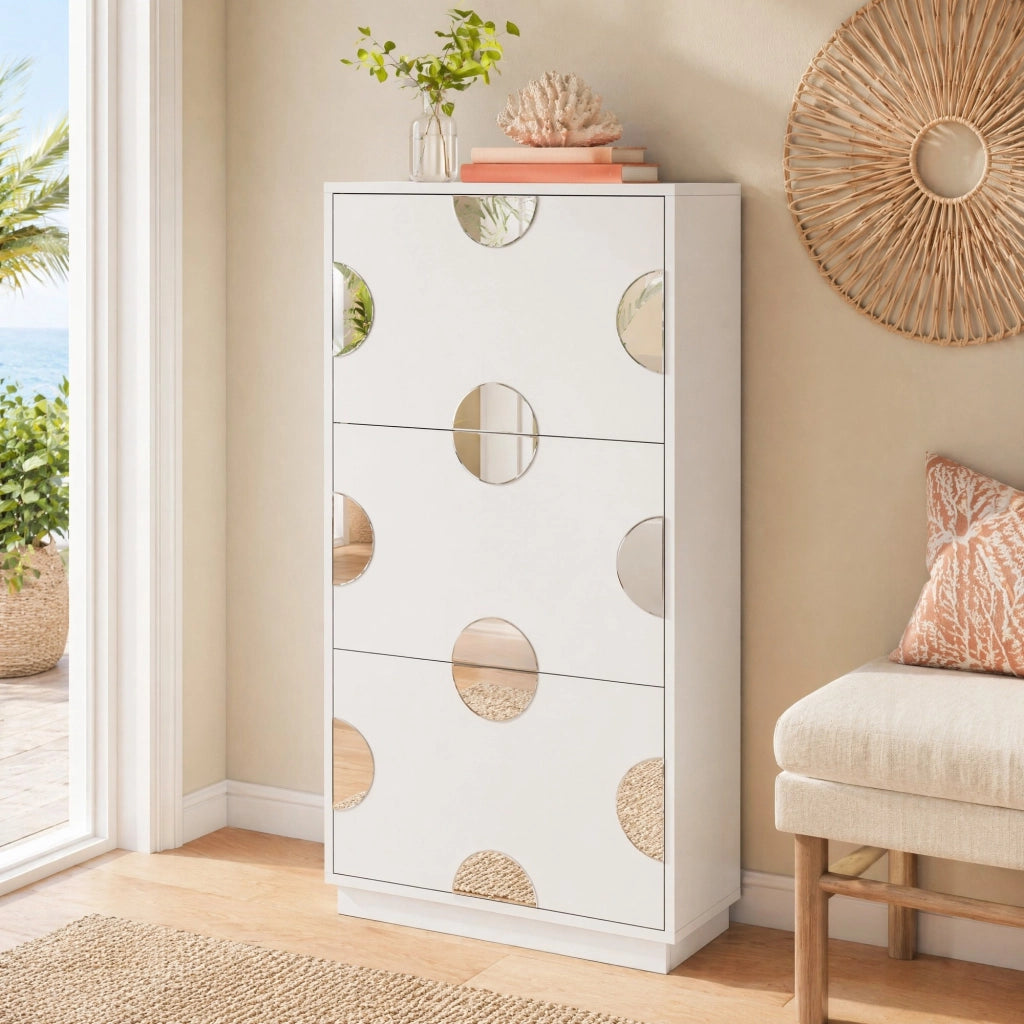 Scarpiera salvaspazio con 3 ribalte e specchio rotondo 63x24x120 cm in MDF bianco