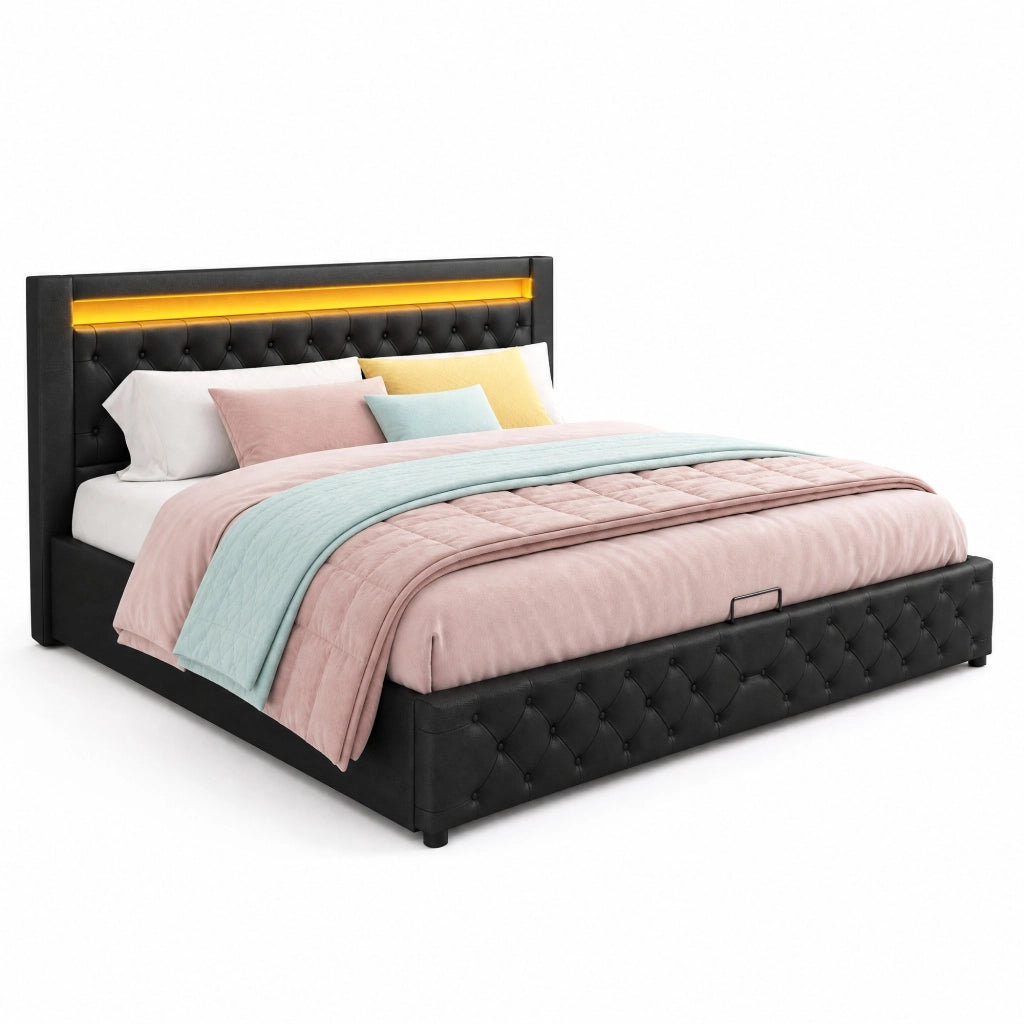 Letto imbottito 140x200 cm con rete a doghe, contenitore, illuminazione LED, colore nero, rivestimento PU
