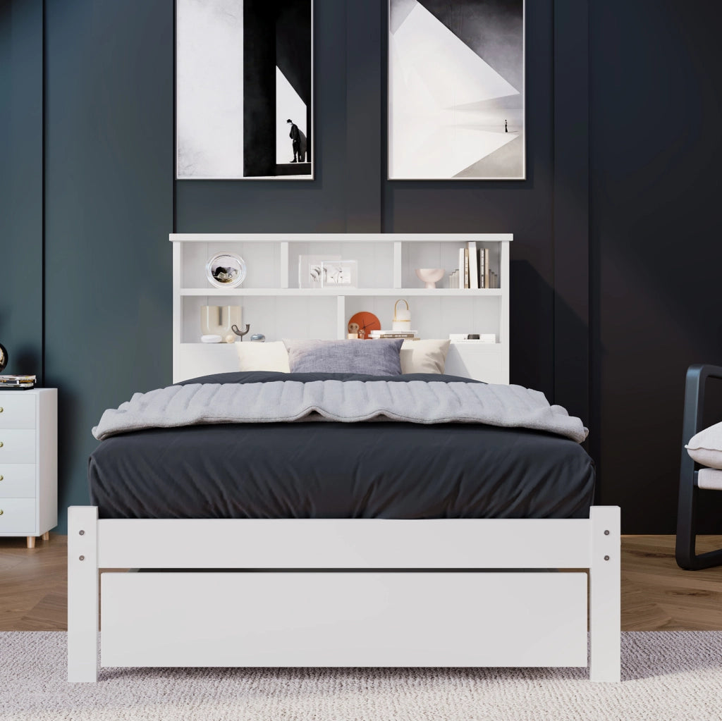 Letto singolo 90x200 cm con testiera a libreria e cassetti; legno; bianco (Senza materasso)