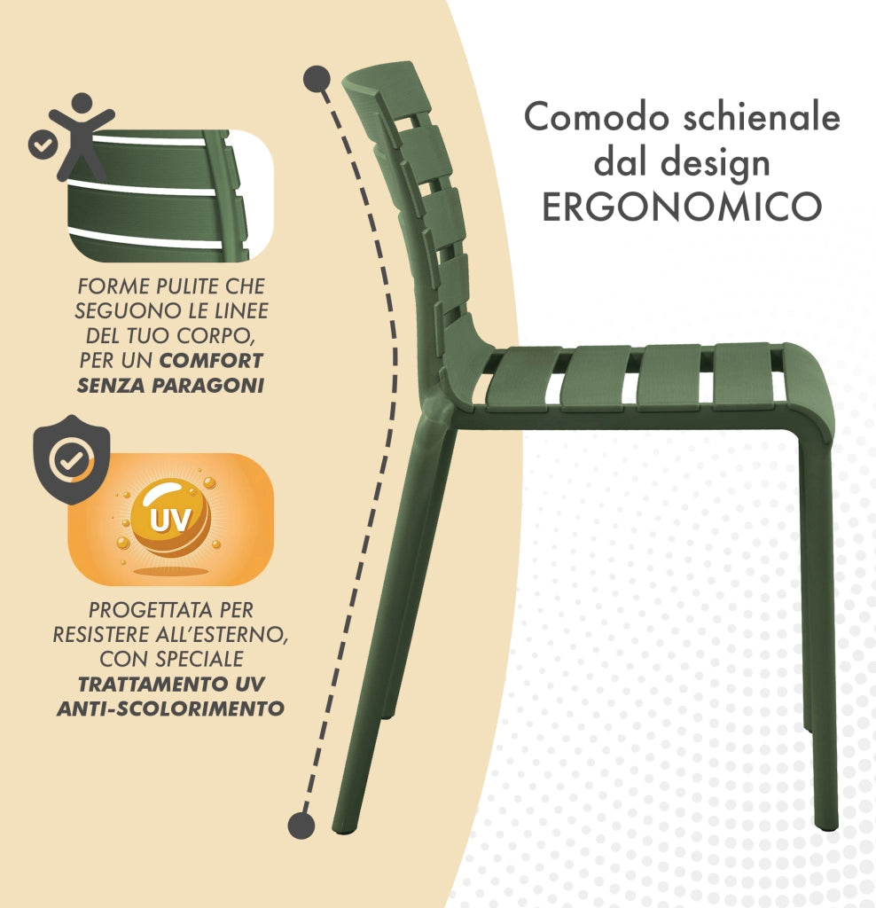 Set 4 Sedie In Polipropilene e Fibra Di Vetro Sedia Cucina Trattamento Uv Antiscolorimento Giardino Interno Esterno Moderne Robuste Resistenti Seduta Terrazzo Soggiorno Bar Ristorante Impilabili Nina-Verde