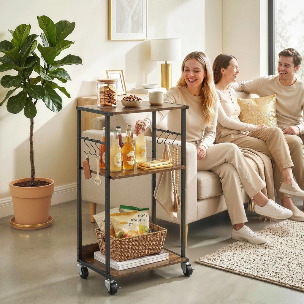 Mobile Supporto per Stampante a 3 livelli 43x30x82 cm con Ruote e Ganci in Legno e Metallo Marrone Rustico.
