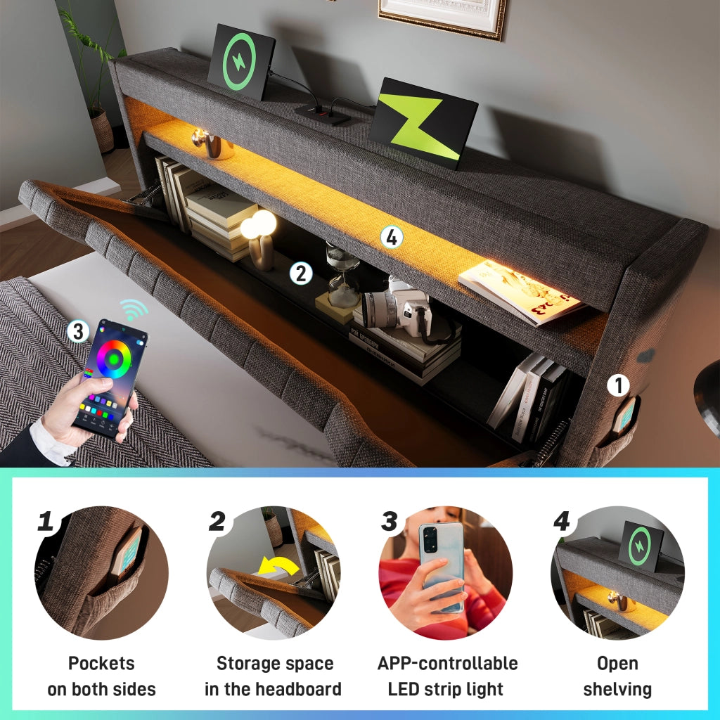 Letto Contenitore 160x200 cm; USB e Type-C; LED; con Testiera; in Lino; Grigio