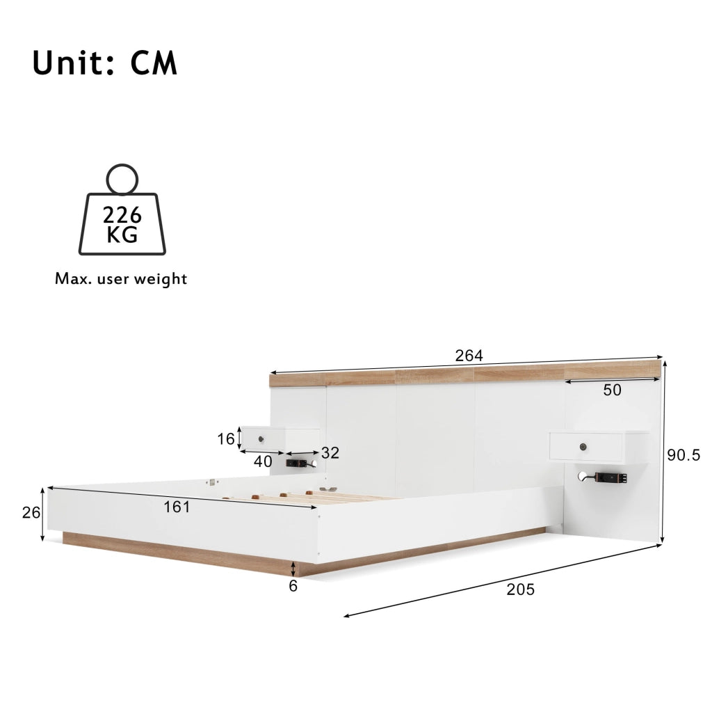 Letto matrimoniale 160x200 cm con comodini LED; USB C e presa EU; legno bianco e quercia Sonoma