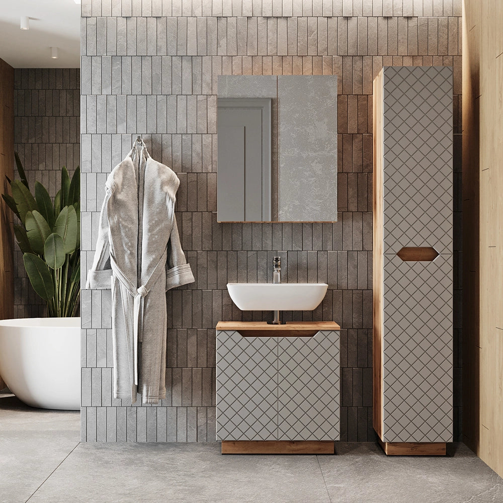 Vicco Set di mobili da bagno Rovere/grigio con struttura in piastrelle 3 parti