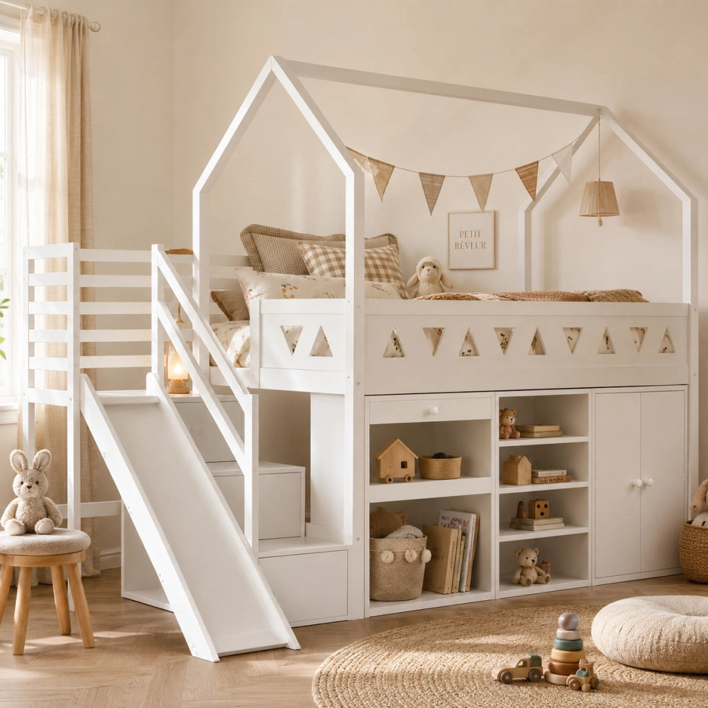 Letto per bambini 90 × 200 cm con scivolo e scala, 2 cassetti e armadietti, senza materasso, in legno massiccio bianco