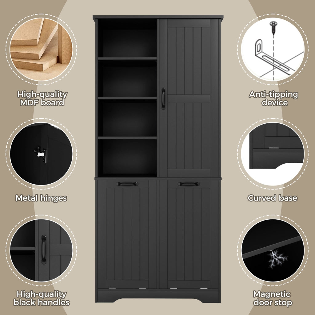 Armadietto da bagno con 1 anta 2 cesti portabiancheria e ripiani regolabili in MDF nero 78 × 35 × 172,7 cm