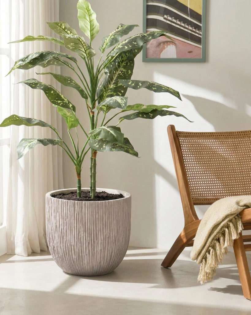 Vaso da fiori Beige chiaro Fioriera rotonda in fibra di argilla per uso interno ed esterno 42 x 42 x 39 cm Decorativa Design moderno Soggiorno Giardino