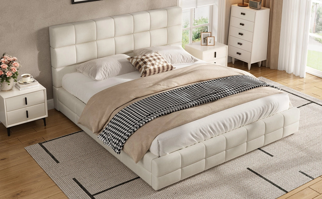 Letto imbottito matrimoniale 180 × 200 cm con testiera, senza materasso, in velluto beige, struttura in MDF e multistrato