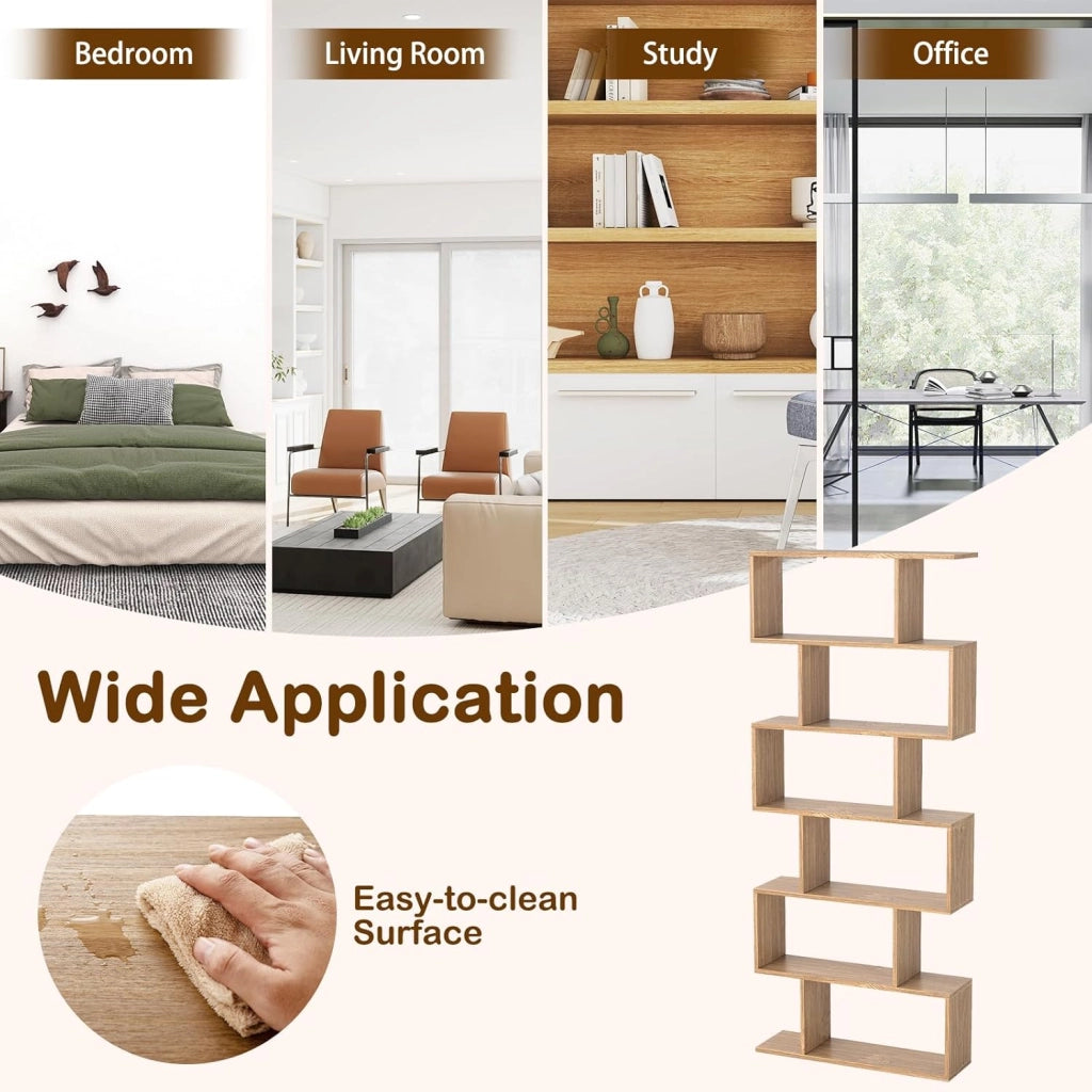 Libreria Scaffale a 6 Ripaini, a Forma di S, Portata di 120 kg, Scaffale Portaoggetti con 6 Cubi, Moderna e Salvaspazio, Arredo per Ufficio, Soggiorno, Biblioteca, 80x23x191 cm (Naturale)