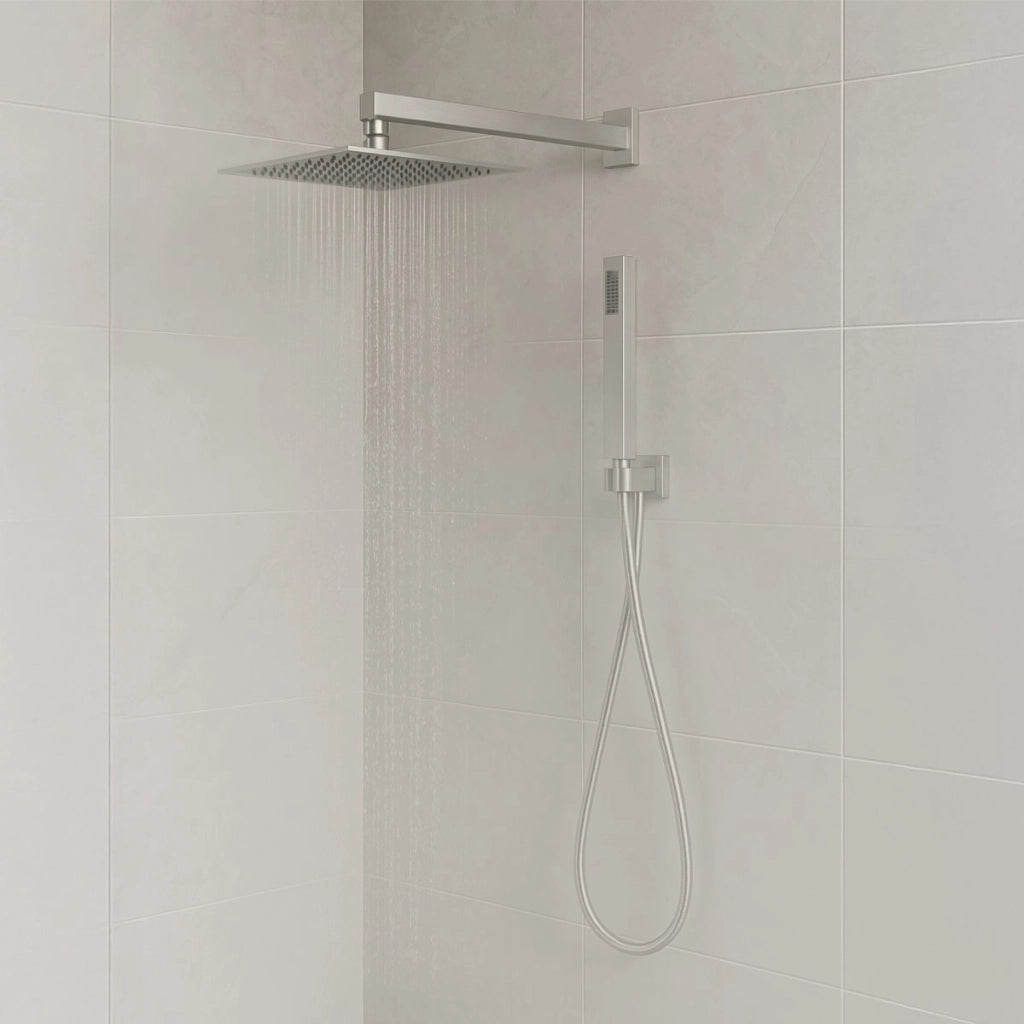 KIT SET INCASSO DOCCIA BRACCIO,SOFFIONE E DOCCINO CON FLESSIBILE E PRESA ACQUA MODELLO SQUARE QUADRO - SOFFIONE-BRACCIO-FLESSIBILE-DOCCINO-PRESA ACQUA - 1/2