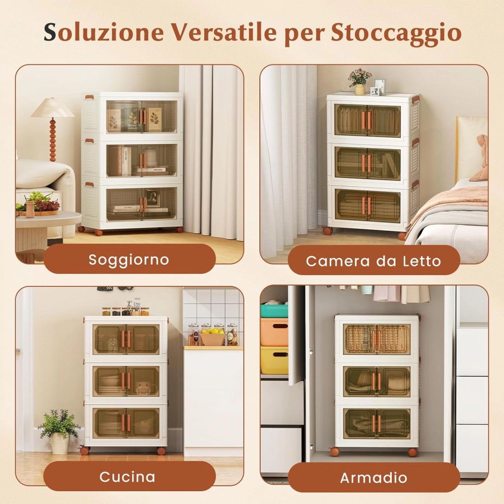 Contenitori Pieghevoli con Coperchio, Set da 4/3 Scatole di Plastica Impilabili con Ruote, per Organizzatore di Armadio con Porte a Apertura Frontale, Multiuso (68,5 x 37,5 x 107 cm)
