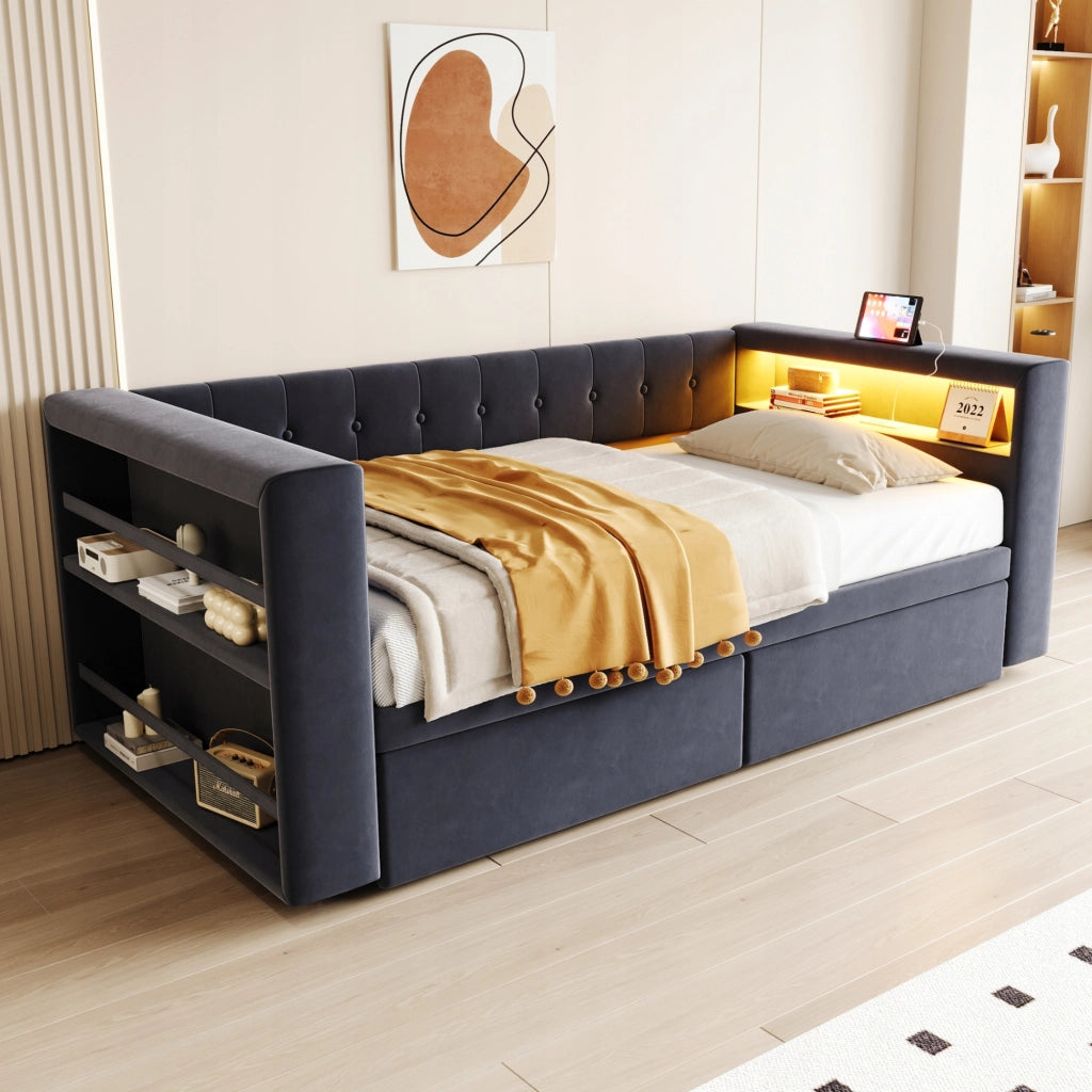 Letto imbottito 90x190 LED - Xylo - Grigio scuro, cassetti, presa