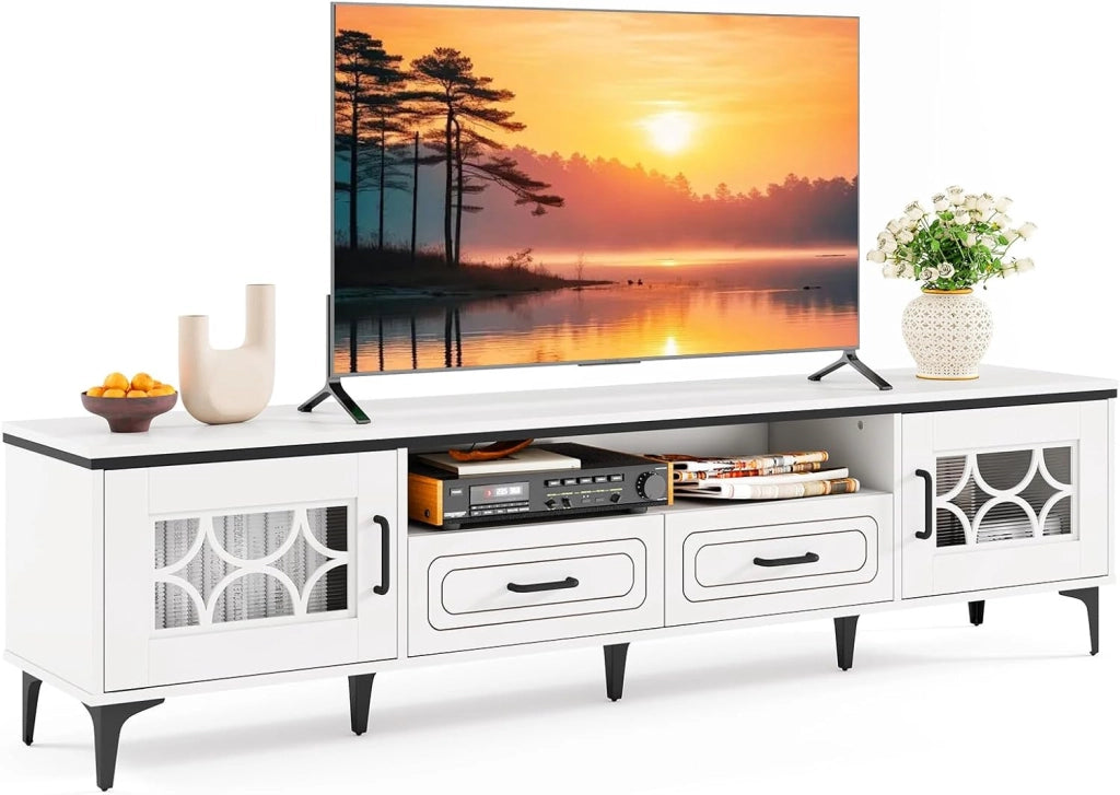 Mobile TV per TV fino a 80", supporto TV con scomparti aperti, armadi laterali e cassetti, 180,5 x 35 x 46 cm, porte con piano in PVC, per soggiorno, camera da letto (bianco)
