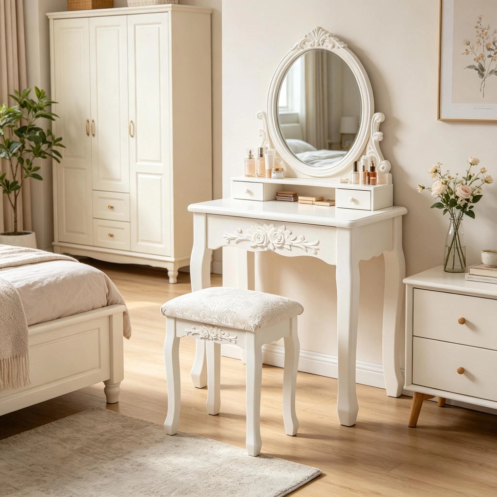 Sgabello da trucco Vintage con seduta imbottita e piedini antiscivolo in MDF, Bianco crema