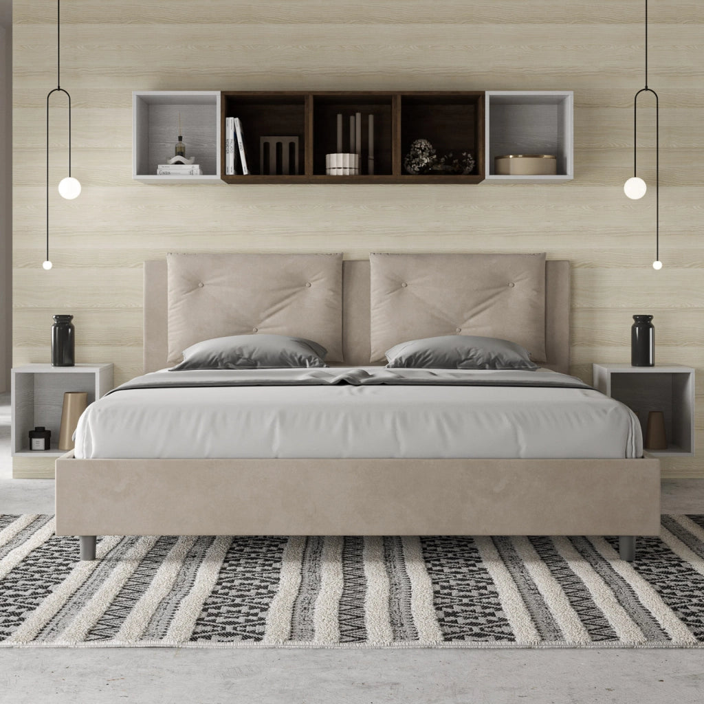 BS COM Letto matrimoniale king size con rete imbottito 170x190 microfibra sabbia
