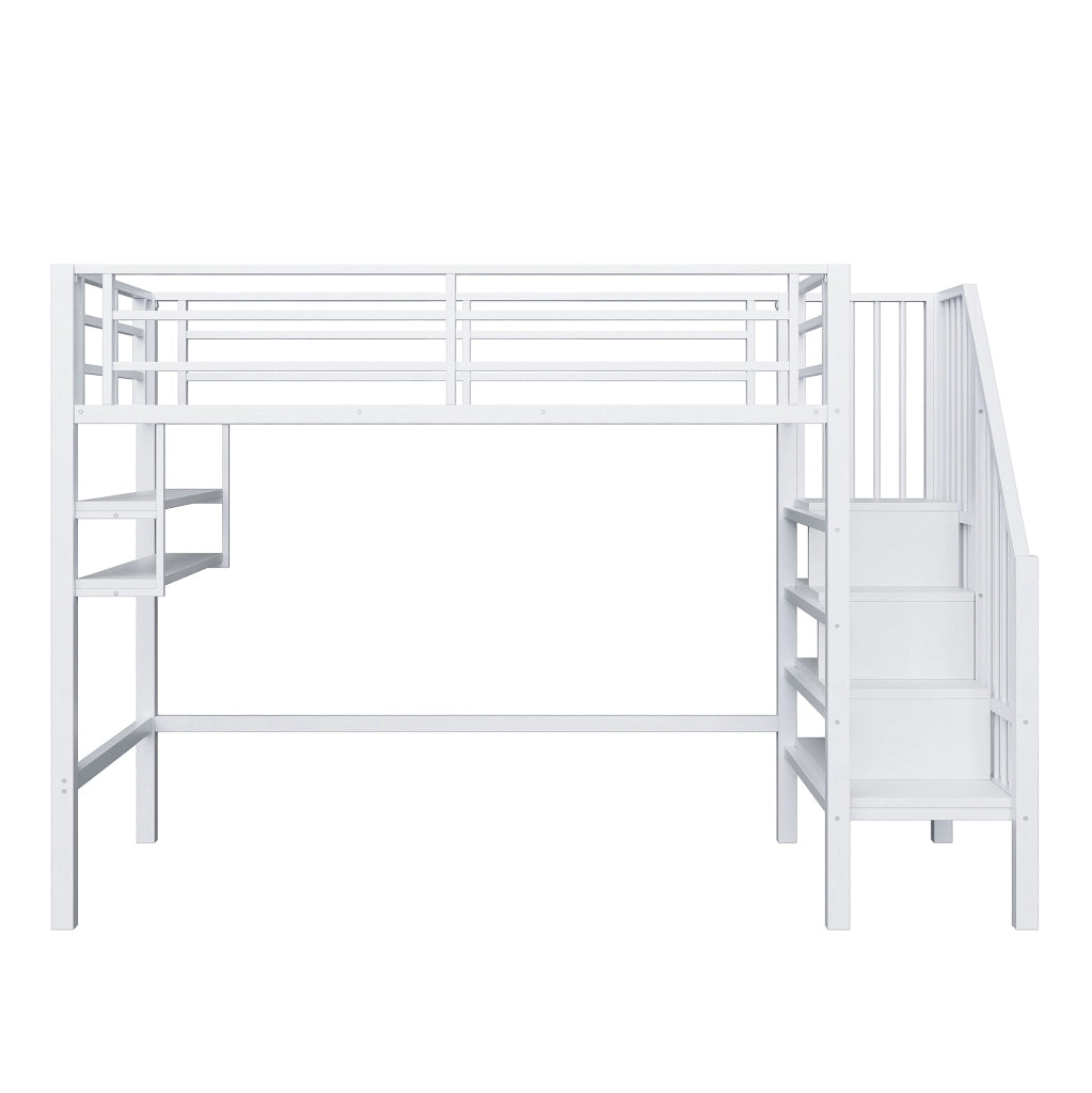 Letto a soppalco 90x200 cm con ripiani; scala contenitore e spazio libero; metallo e MDF bianco