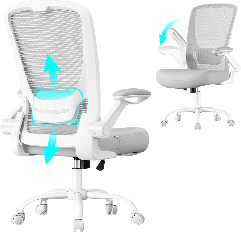 SONGMICS Sedia da Ufficio Girevole, Sedia di Rete da Computer Ergonomica, Supporto Lombare, Oscillante, Seduta 53 cm, Braccioli Pieghevoli, Bianco e Nero OBN37WT