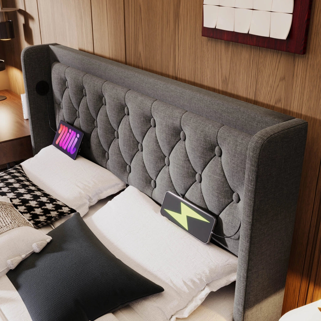 Letto matrimoniale imbottito 140x200 cm in cotone grigio con contenitore; USB e LED