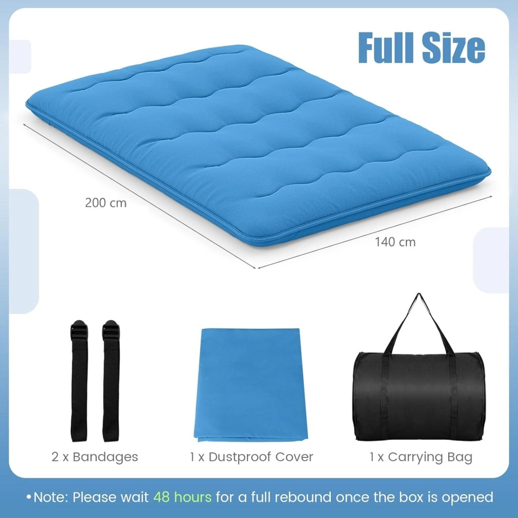 Futon - Materasso portatile giapponese 140 x 200 cm, imbottitura in cotone, materasso pieghevole per 2 persone, borsa per il trasporto, fodera lavabile, 2 fasciature, tatami pieghevole per