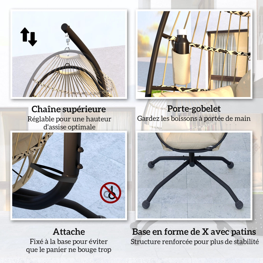 Poltrona a dondolo ovale sospesa ¨C zephmum ¨C beige, telaio in acciaio, cuscino imbottito