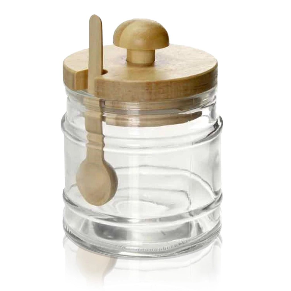 BARATTOLO DA CUCINA IN VETRO CON CUCCHIAIO E TAPPO IN LEGNO 8X11CM CAPIENZA 300 ML