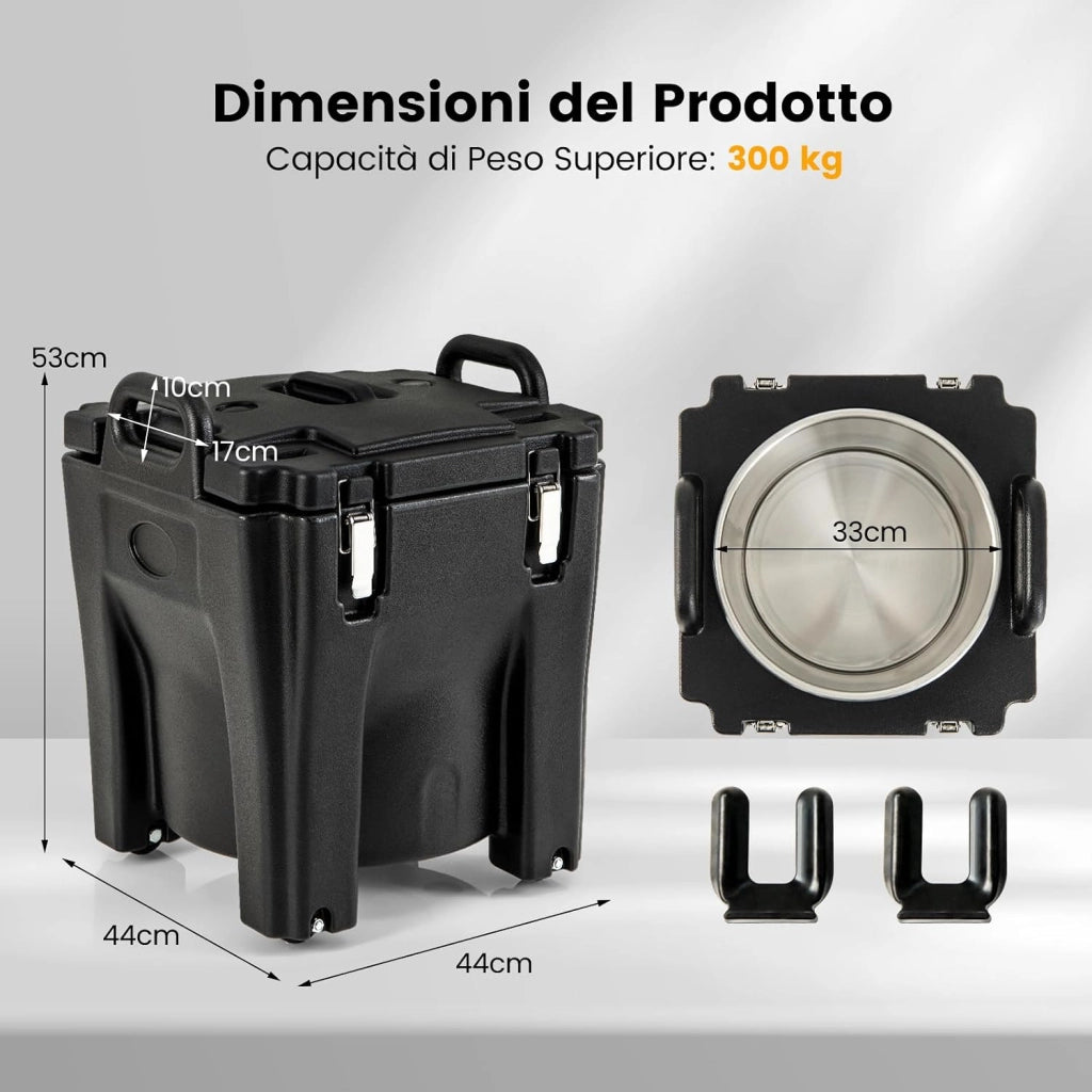 30 L Contenitore Termico Portatile per cibi e bevande, contenitore per alimenti in Acciaio Inox con 2 Maniglie e 4 Ruote, Thermos per Alimenti per Catering Campeggio, Nero