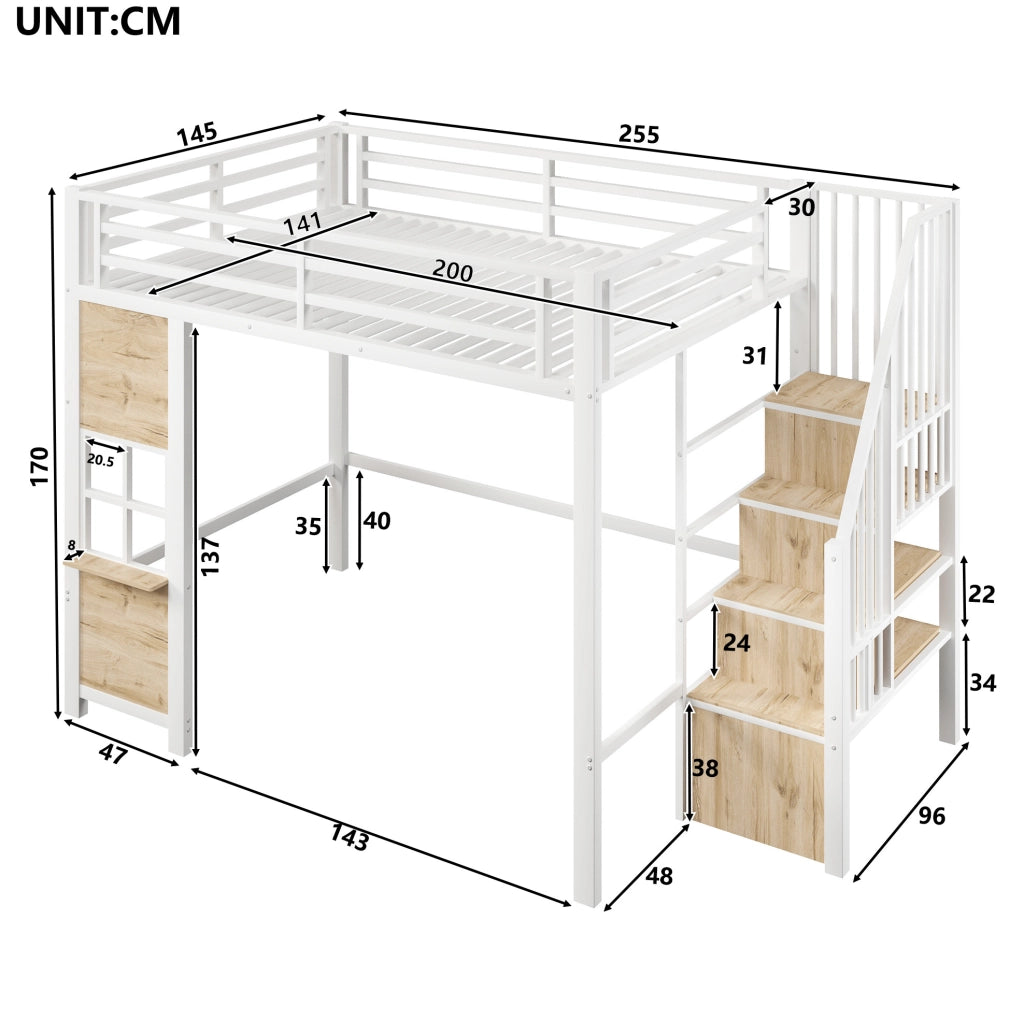 LETTO a soppalco 140x200 cm in metallo e MDF bianco