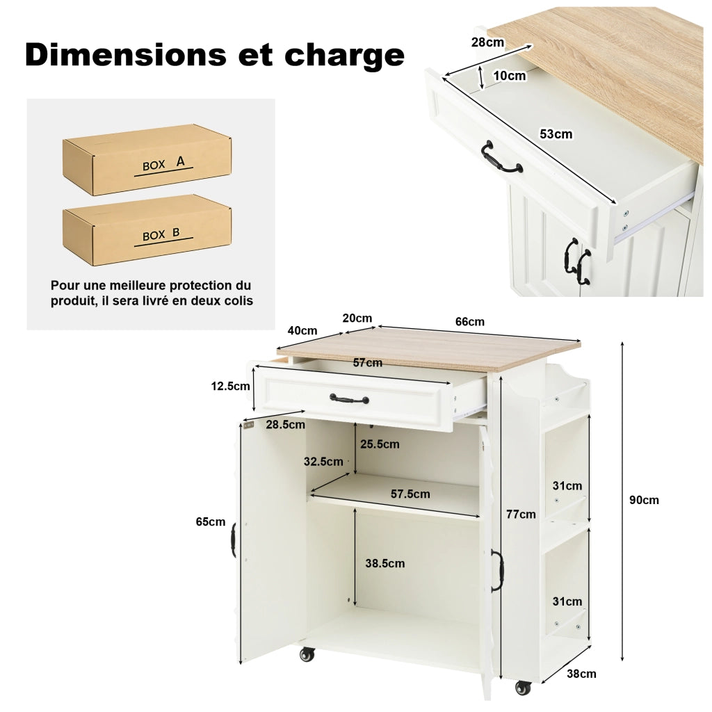 Carrello da Cucina con 1 Cassetto 2 Ante Ripiano Regolabile Piano Pieghevole Portasciugamani con Ruote 66x60x90 cm