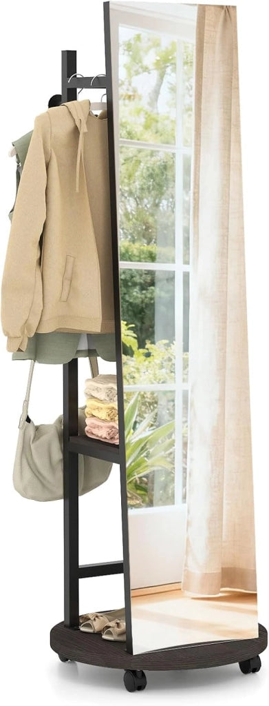 Specchio a figura intera, specchio da terra con appendiabiti, 45 x 135 cm, grande specchio con vetro infrangibile, ganci, ripiani, ruote, per ingresso, soggiorno, camera da letto (nero+noce)