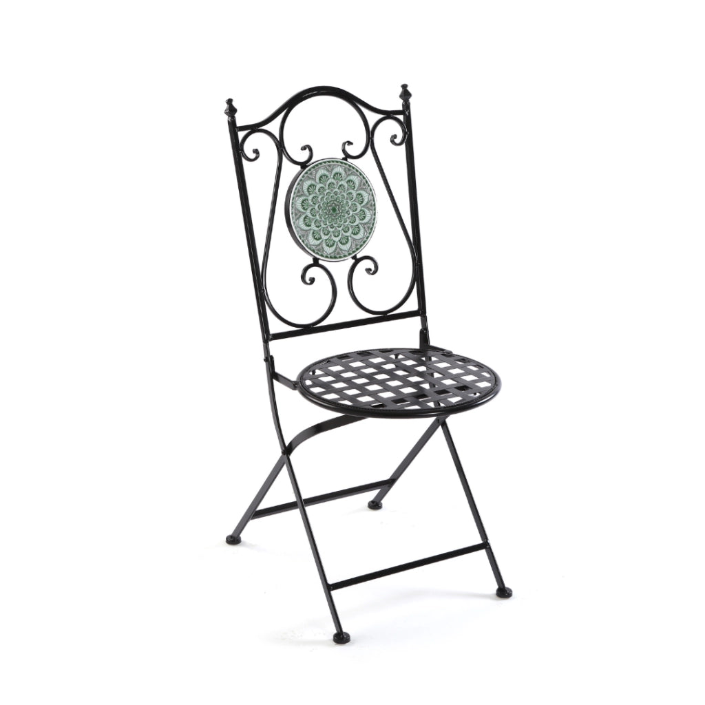 Set tavolo e 2 sedie Mandala verde metallo smaltato e ceramica a mosaico 60cm