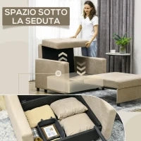 Poltrona Letto in Tessuto Effetto Velluto Marrone Chiaro con 2 Cuscini e Spazio Portaoggetti, 100x98x88 cm