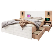 Letto con Cassetti Letto Matrimoniale; 2 Cassetti; USB e Lampada da Lettura; 160×200 cm; senza Materasso; Bianco e Rovere Chiaro