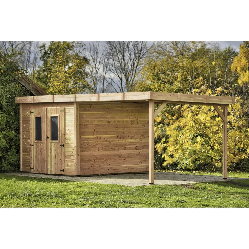 Casetta da giardino in legno 280x580 cm con legnaia – Spessore pareti 28 mm – Tetto piano in acciaio – DIN3030.02B Foresta