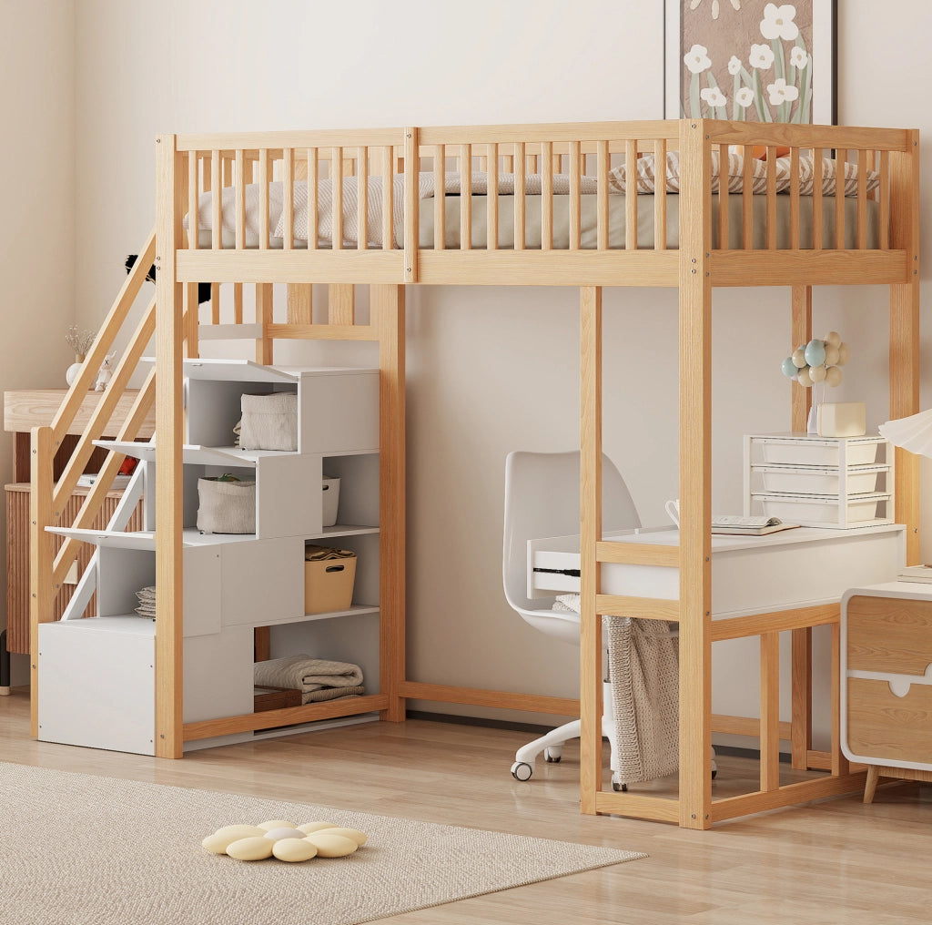 Letto a soppalco 90x200 cm con tavolo multifunzione; scala contenitore; in pino bianco e rovere chiaro