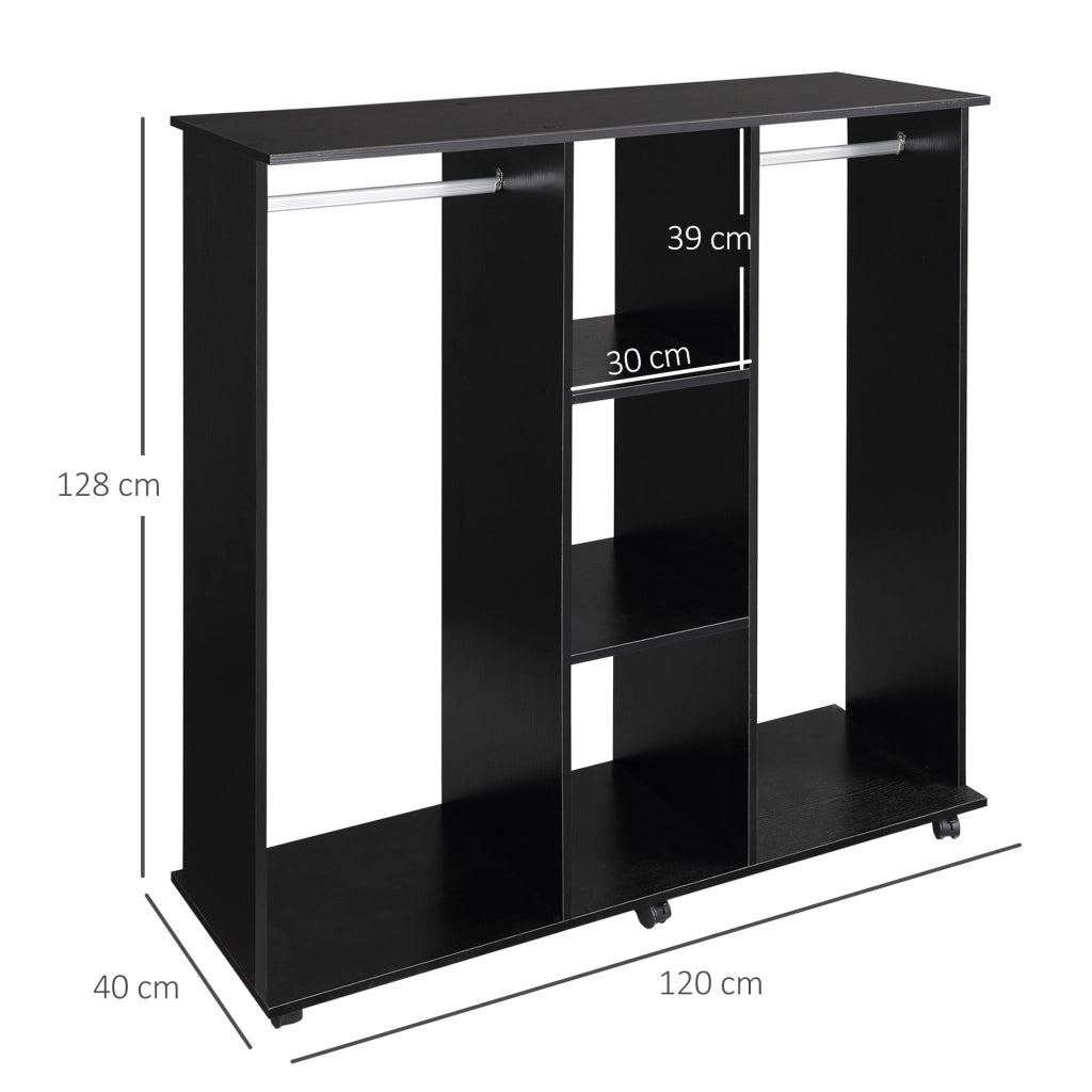 EasyComfort Armadio con 2 Guardaroba, 5 Ripiani e 6 Ruote, in Legno e Alluminio, 120x40x128 cm, Nero