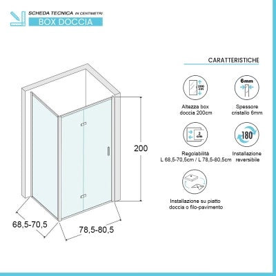 Box doccia 70x80 cm con porta a soffietto trasparente H 200 cm Ted
