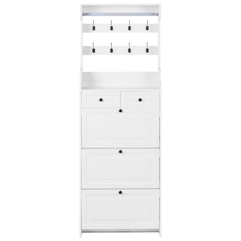 Mobile porta scarpe alto in truciolato bianco 70 x 30 x 200 cm 12 paia di scarpe con cassetti e ganci per un ingresso moderno