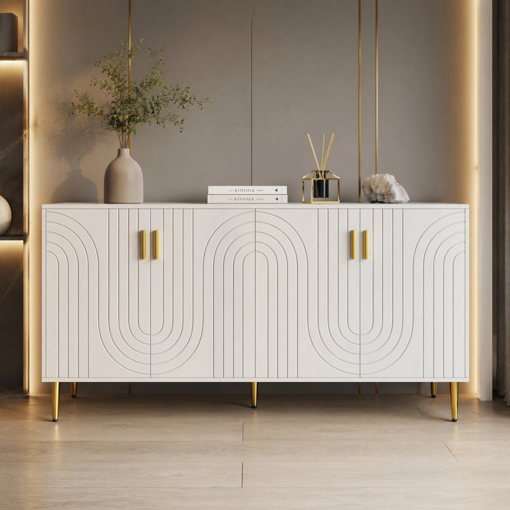 Credenza moderna bianca in MDF con design ondulato, struttura capiente e sistema antiribaltamento