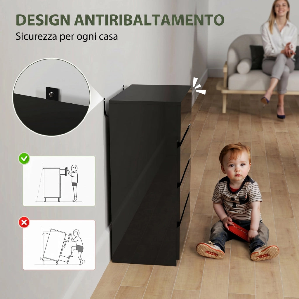 Cassettiera 4 Cassetti 55x33x80 cm Design Moderno e Multiuso in Legno Nero